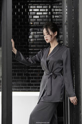 Silk Wrap Top with Belted Waist and Shawl Collar Design